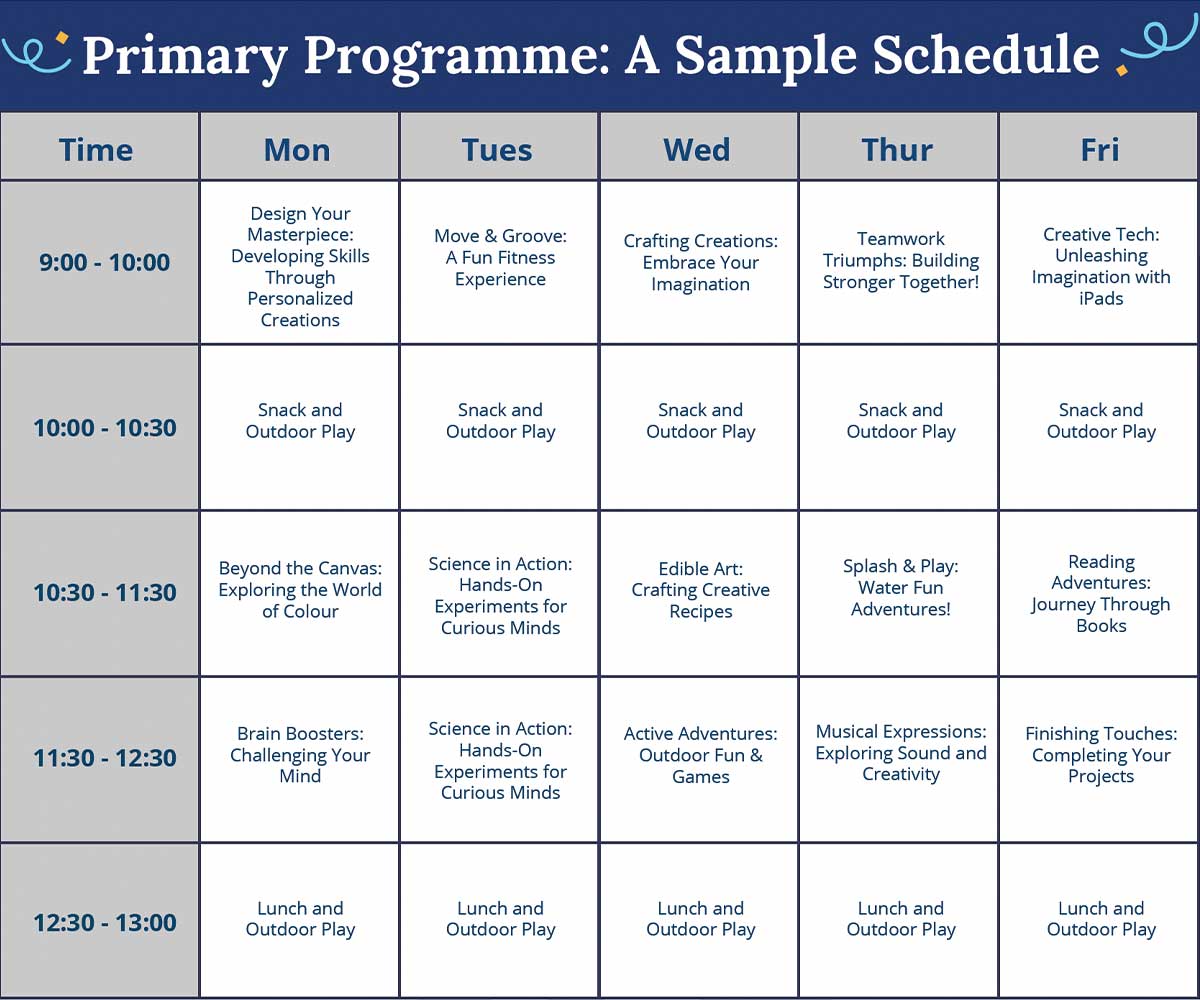 Sample schedule for Summer Primary Programme